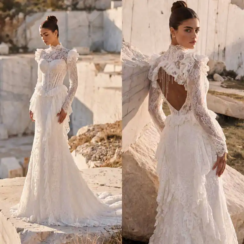 Customized Lace Mermaid Wedding Dresses For Girls Long Sleeve Lace Applique Open Back Party Gowns Formal Vestido Marrie
