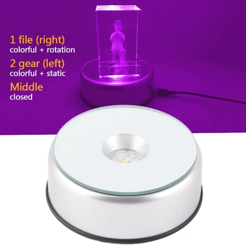 LED Colorful Light Rotating Crystal Display Base Stand Holder With AC  Silver