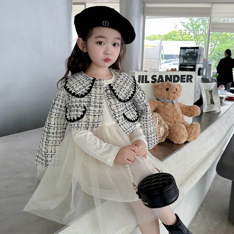 

2024 Spring Korean Toddler Girl 2PCS Clothes Set Cotton Single Breadsted Coat Spliced Gauze Dress Baby Girl Outfit Kid Girl Suit