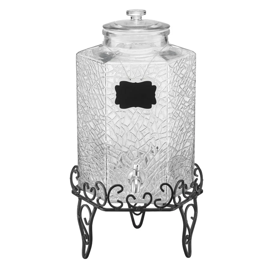 

2.5 Gallon Glass Beverage Dispenser with Metal Stand and Stainless Steel Spigot Perfect for Serving Iced Tea Lemonade Juice and