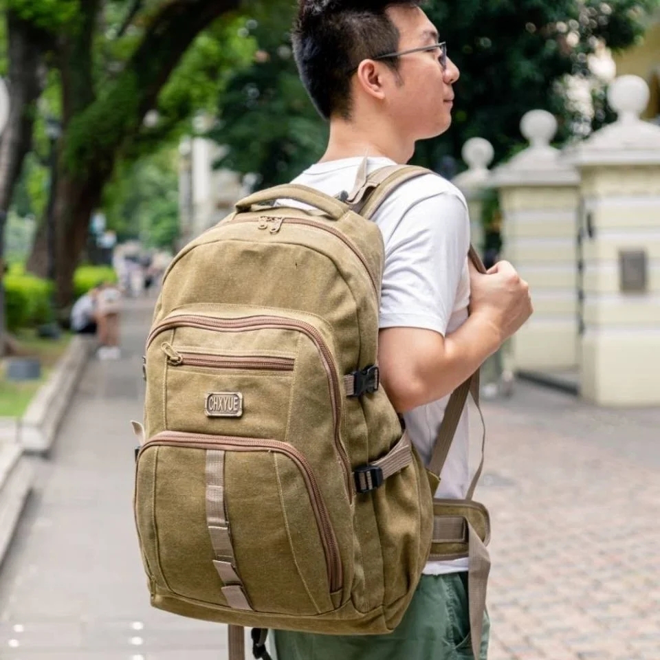 Retro Men's Canvas Backpack Large Capacity Outdoor Travel Climbing Bag Double Shoulder Bag Trendy 60L Ultra Large Capacity