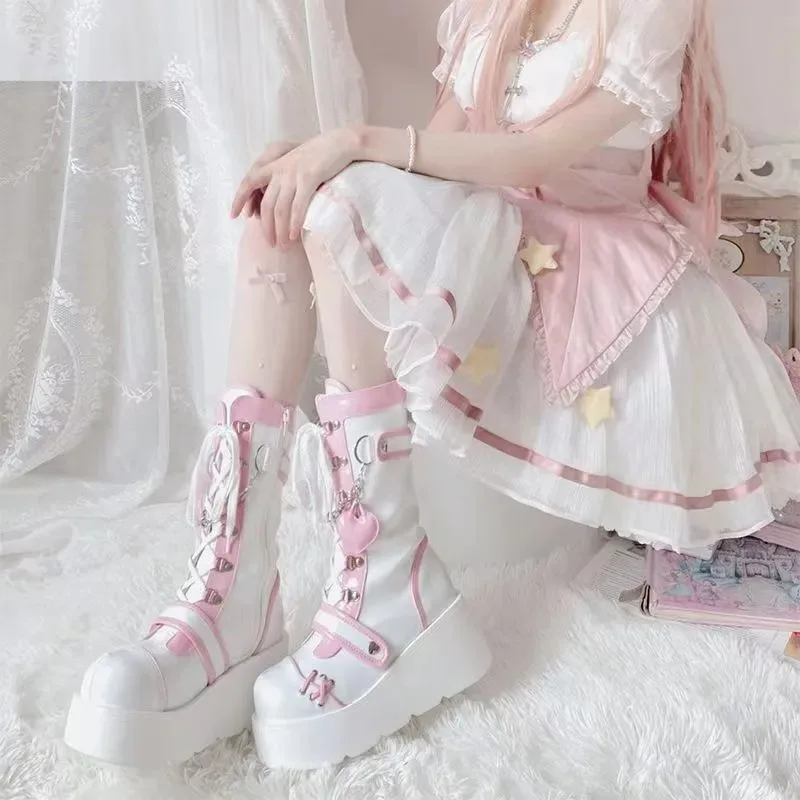 Lolita Warm Shoes Boots Woman Winter Platform Heels Women's Mid Calf Booties Gothic Pink Kawaii Chain JK Cosplay Japanese Style