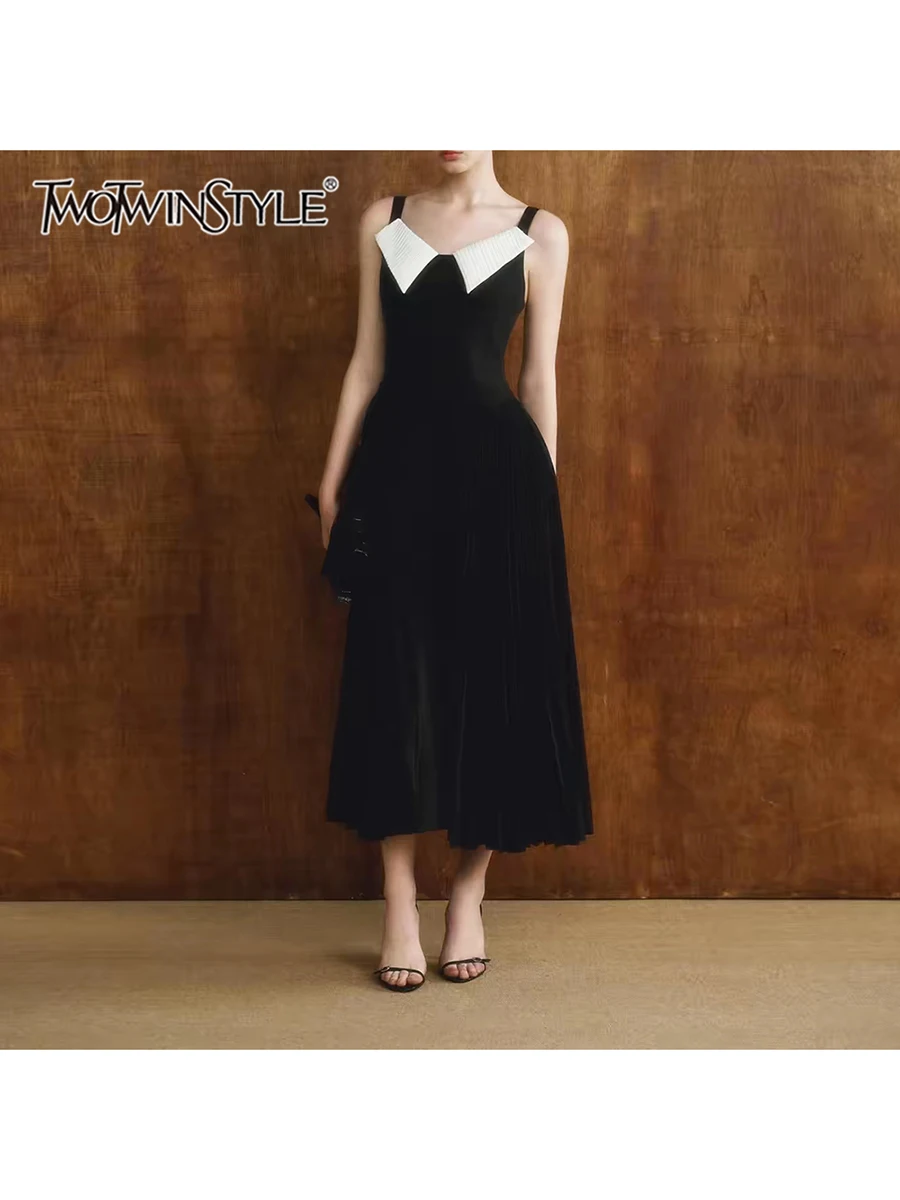 TWOTWINSTYLE Slimming Spaghetti Strap Dress for Women Square Neck Sleeveless Patchwork Zipper Casual Midi Dresses Female Fashion
