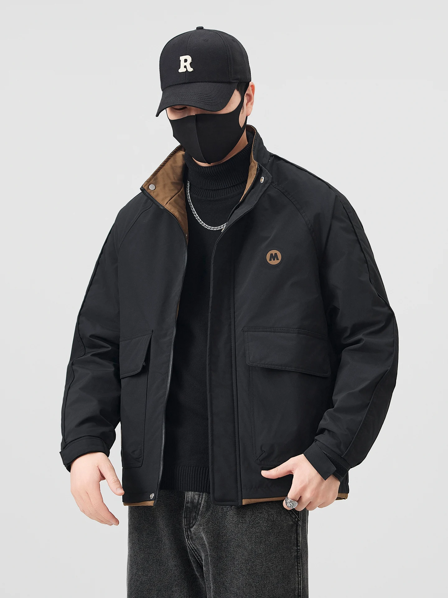 

Мужская зимняя утепленная куртка с воротником-стойкой в американском стиле, свободного кроя, больших размеров, из хлопка и полиэфирного волокна, для работы