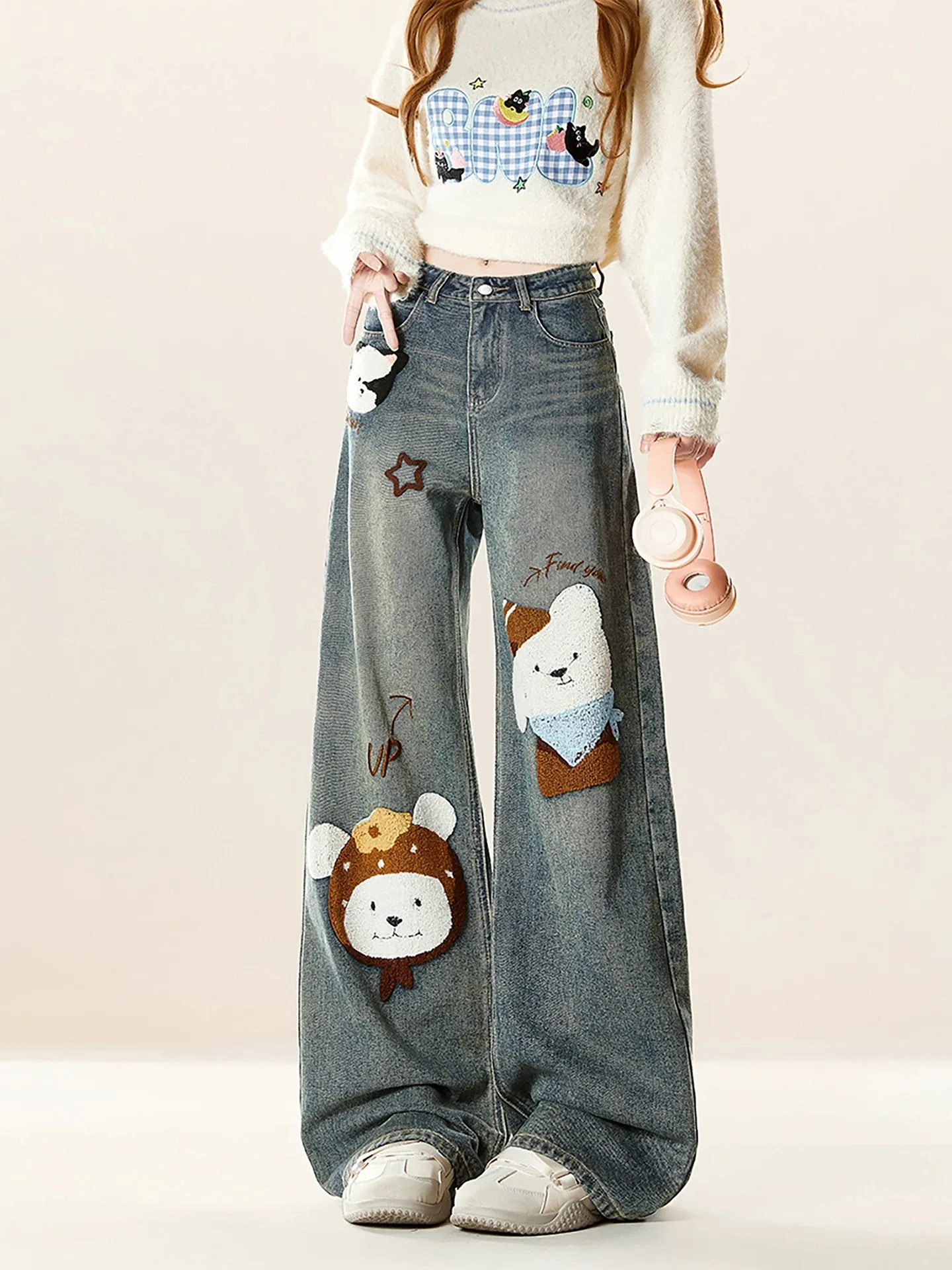 Y2K Wide Leg Jeans Women American Style Distressed Washed Puppy Patch Denim Pants Autumn Winter