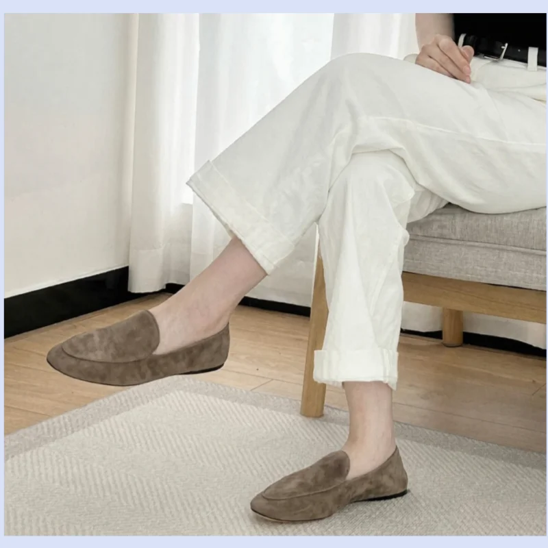Minimalist style leather flat loafers women's soft and comfortable suede round-toe outer wear single shoes