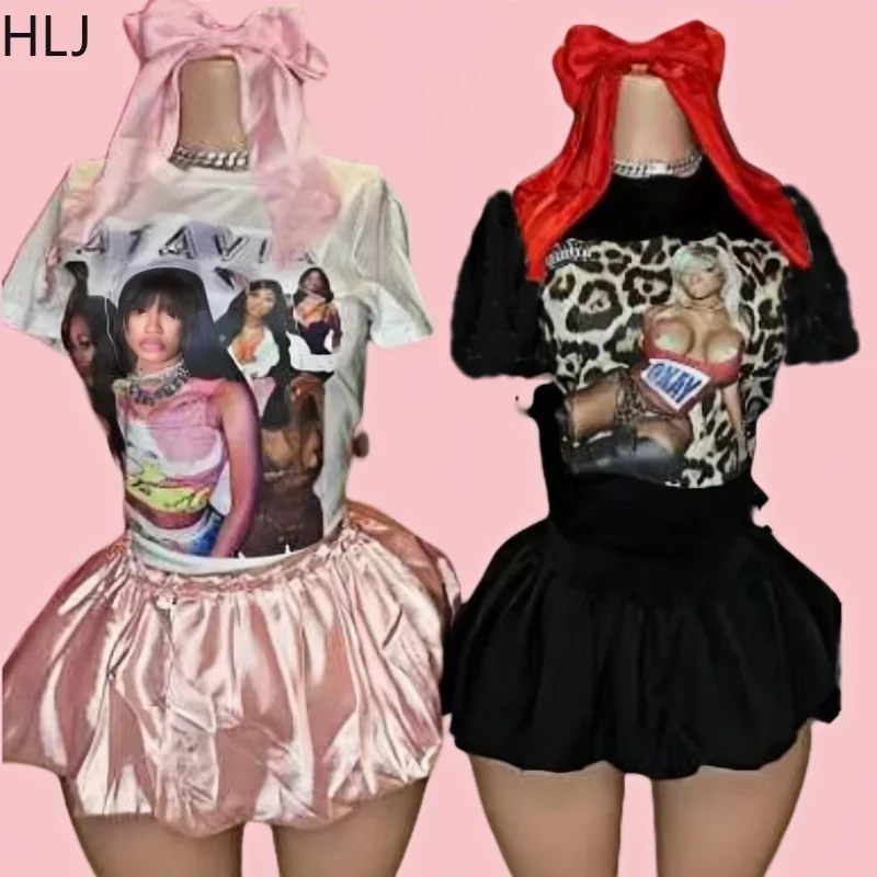 HLJ&GG Y2K Sweet Graphic Tshirts Two Piece Sets For Women Round Neck Top+Puffy Mini Skirt Outfits Fashion Trend 2pcs Streetwear