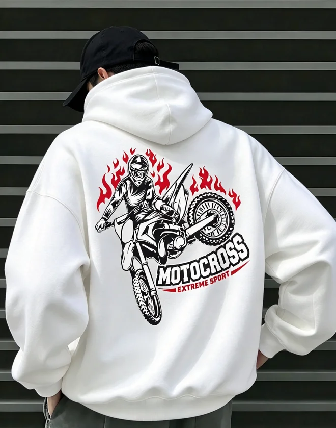 Motocross Hoodie Unisex Oversized Hooded Sweatshirt Flame Dirt Bike Rider Back Print Long Sleeve Pullover Extreme Sport Casual