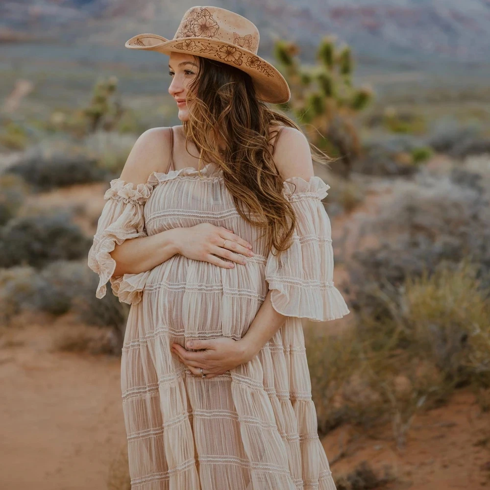 Pleated Chiffon Maternity Photography Props Long Dresses Half See Through Pregnant Woman Photo Shoot Maxi Dress Sides Slit