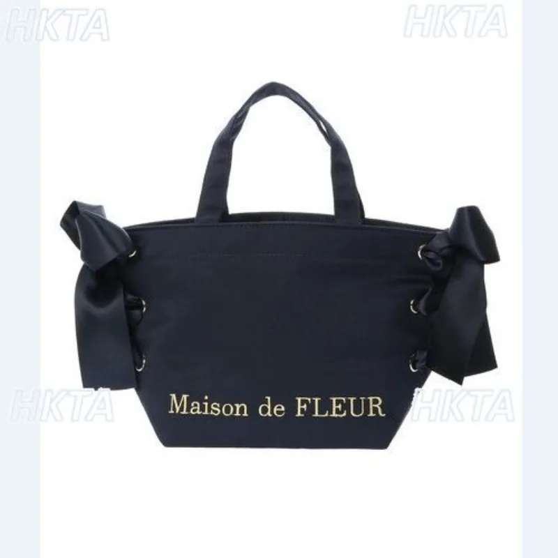 Japanese New Satin Gold Thread Embroidered Cloth Bag 2026 Autumn New Cute Bow Ribbon Handbag Women Tote Bag