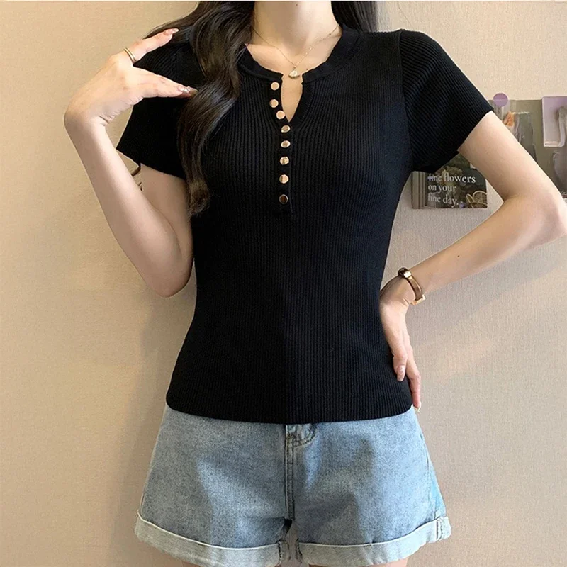 

Женский вязаный топ в рубчик на пуговицах спереди с коротким рукавом и полуоткрытым воротником, облегающая однотонная рубашка, летняя повседневная повседневная одежда