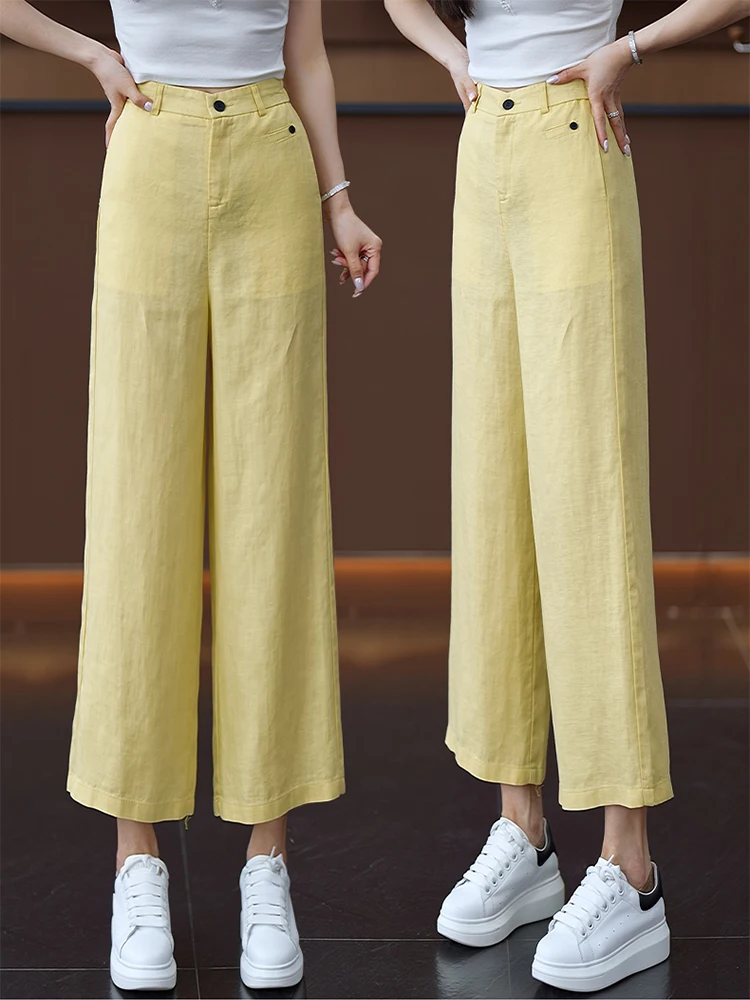 

Летние тонкие льняные брюки-палаццо женские с высокой талией, свободные, струящиеся, повседневные, прямого кроя, в корейском стиле, укороченные (7/8)