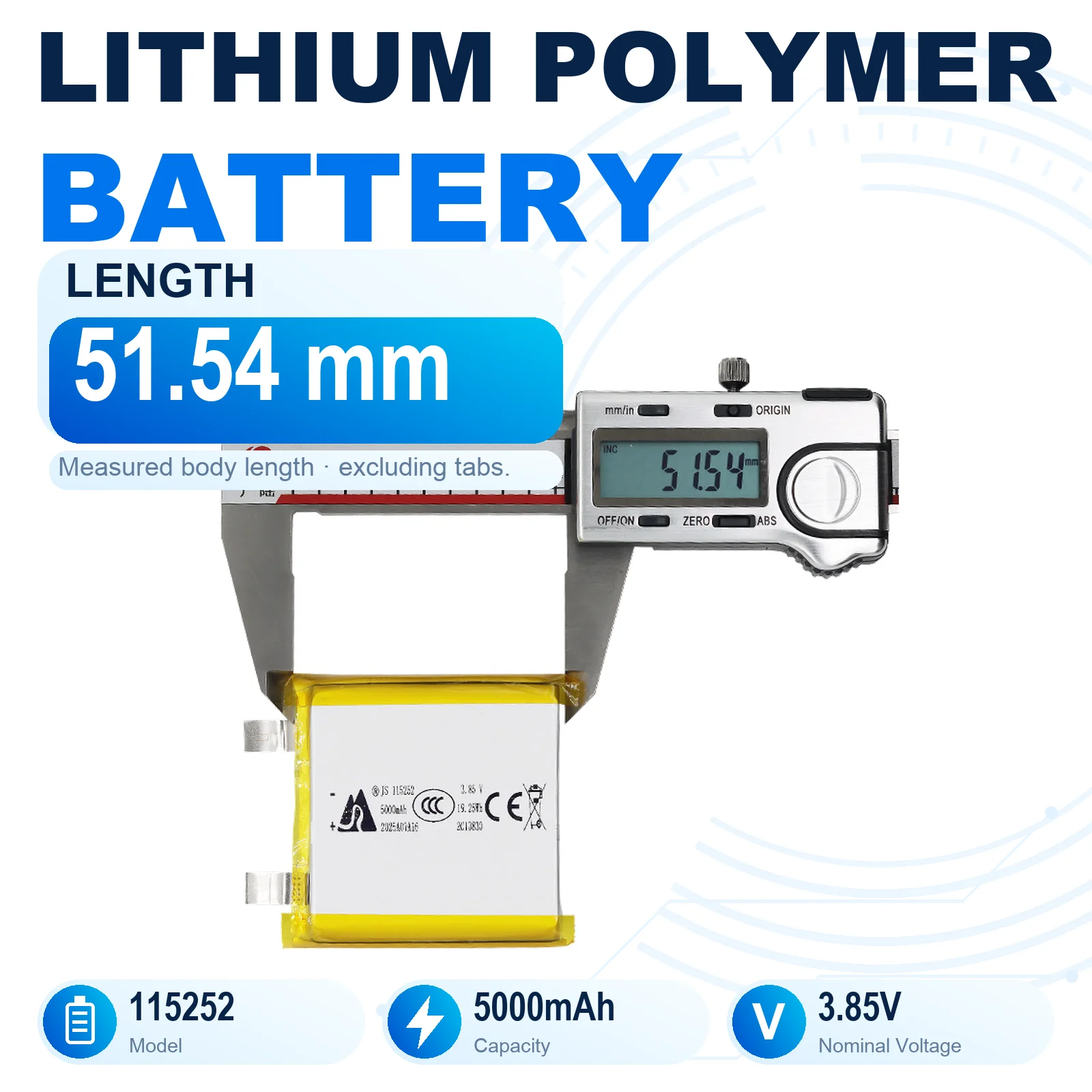115252 3.85V 5000mAh Rechargeable LiPo Battery 11x52x52mm Lithium Polymer Pouch Cell with Flat Metal Tabs