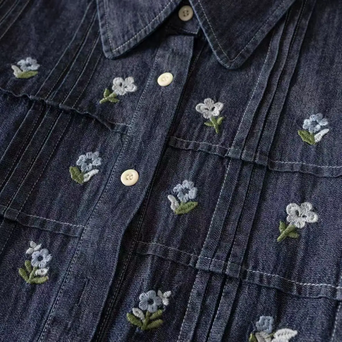 New 2025 Spring Denim Long Sleeve Shirt, Women Lapel Floral Embroidery, Mori Girl Retro Simplicity INS Loose Blouse T53433CC