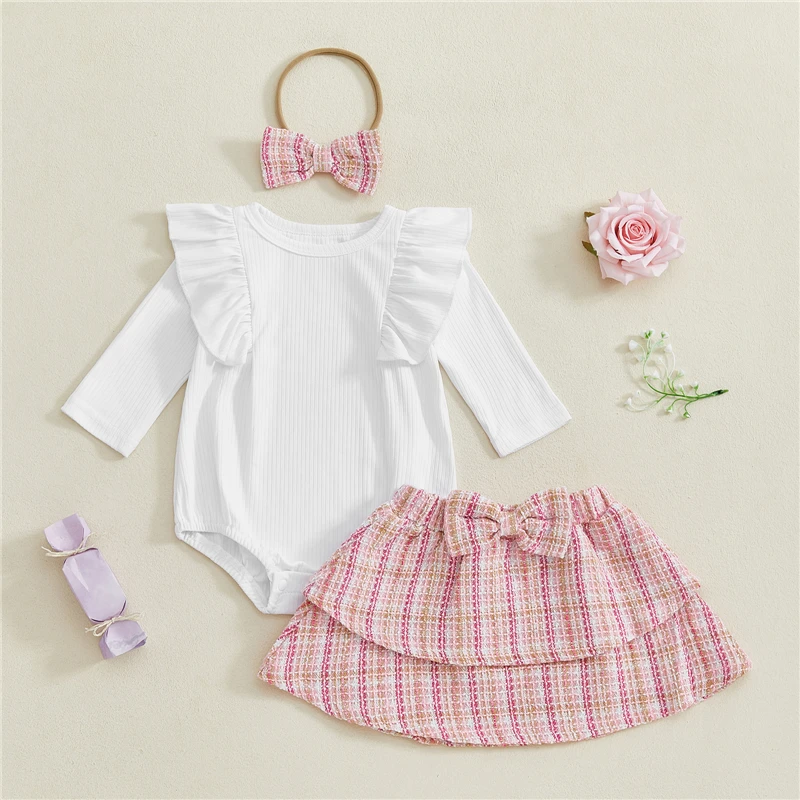 Newborn Baby Girl Fall Outfits Decorative Bow Ruffled Trim Plaid Layered Long Sleeve Romper Dress and Bow Headband 3Pcs Set