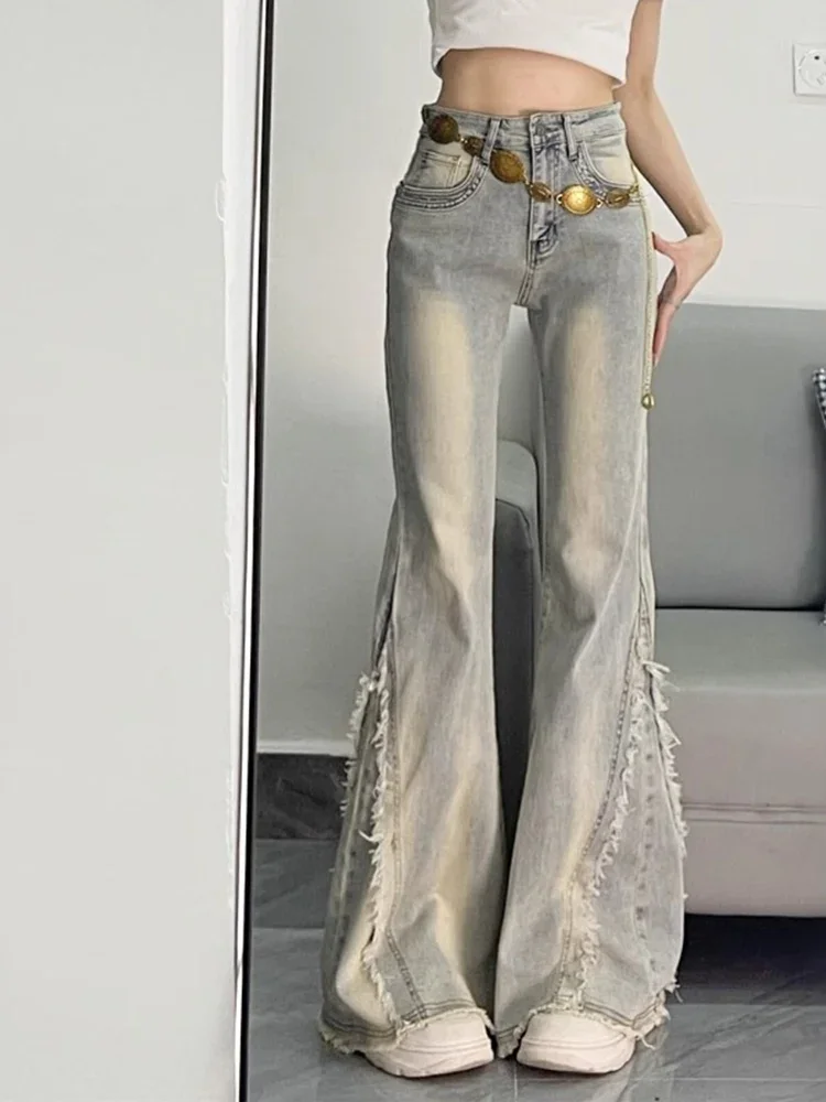 

Women Vintage Blue Pants High Waist American Retro 90s Raw Material Edge Design Y2k Denim Pants Streetwear Wide Leg Trousers