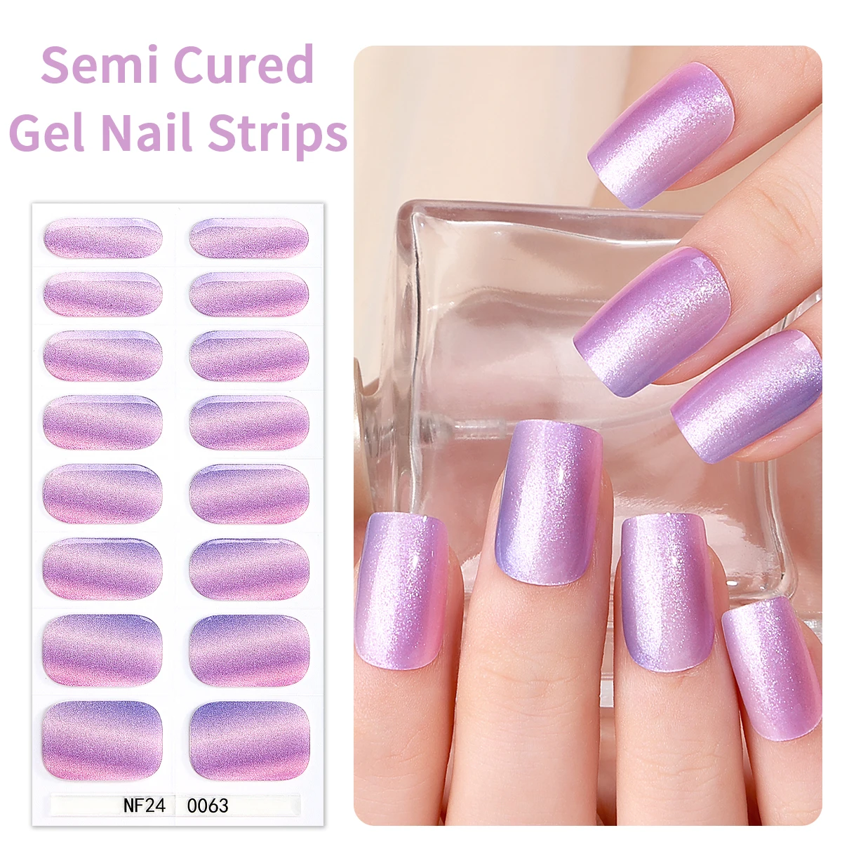 

16Tips Cat Eye Gradient Semi-Cured Gel Nail Strips Glitter Full Cover Gel Nail Sticker Long-Lasting UV Nail Wraps DIY Manicure