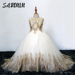 Gold Appliques Sleeveless Flower Girl Dresses For Wedding Party Luxury Appliques Tulle Ballgown Girls Formal Dress Birthday Gift