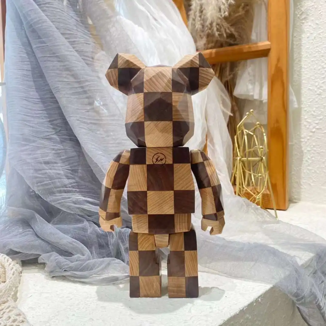 Natural Wooden Bearbrick 400% Diamond Chessboard 28cm - Handcrafted Wood Bear Statue for Desk Ornament and Birthday Present