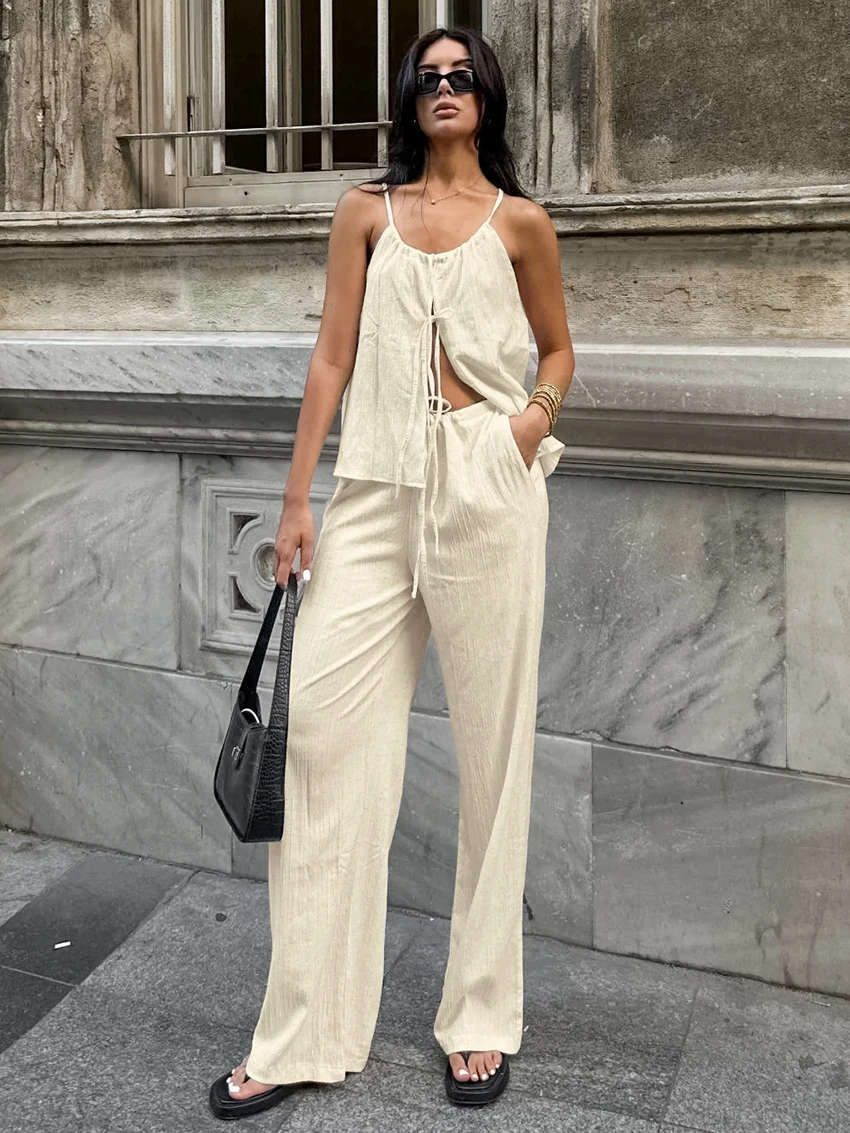 

Parc Fee Summer Loose Beige Trousers Sets Woman 2 Pieces Sexy Sleeveless Tank Top With High Waist Wide Pants Set Female Clothing