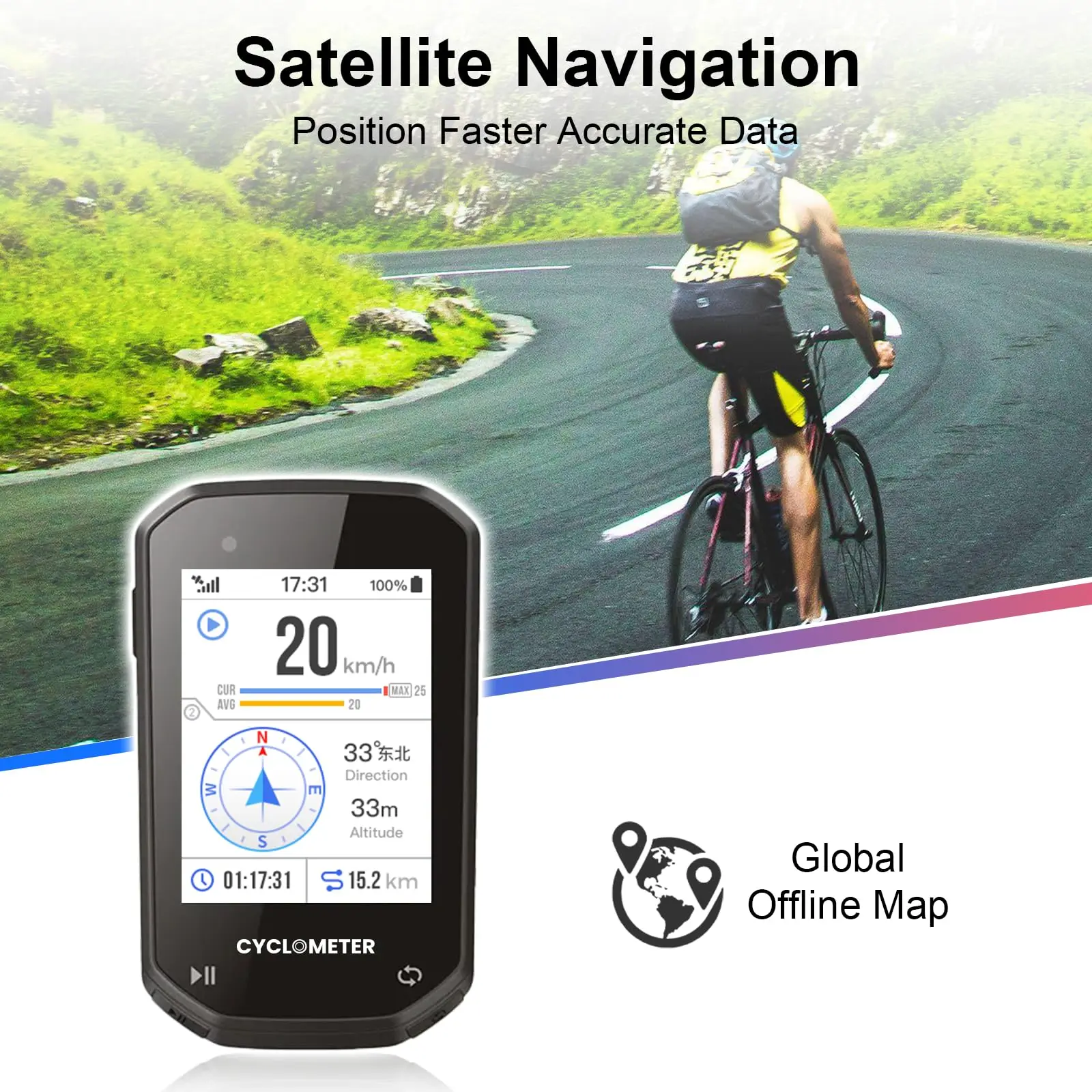 2.4 Inch GPS Bike Computer Navigation WiFi Cycle Speedometer Cycling Digital Odometer Bluetooth Ant Indoor with 64GB TF Card