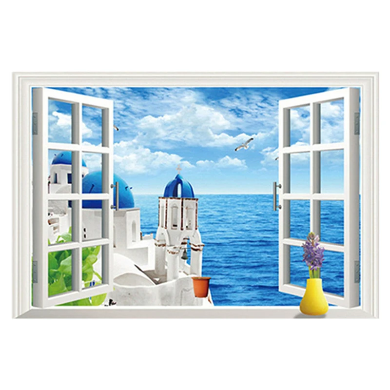 Aegean Sea View Mural Santorini Scenery Fake 3D Window Art Vinyl Wall Stickers Home Decorations Seaside City Landscape Wallpaper