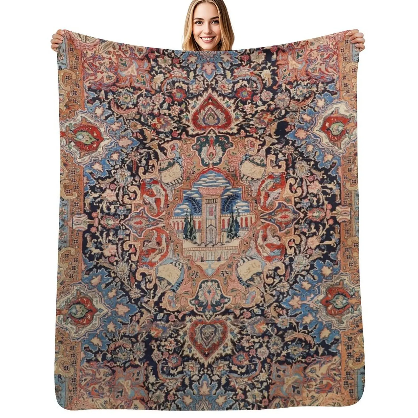Persia Carpet 19th Century Authentic Colorful Picture of a Black Blue and Red Rug Throw Blanket Hairy Baby Single Blankets