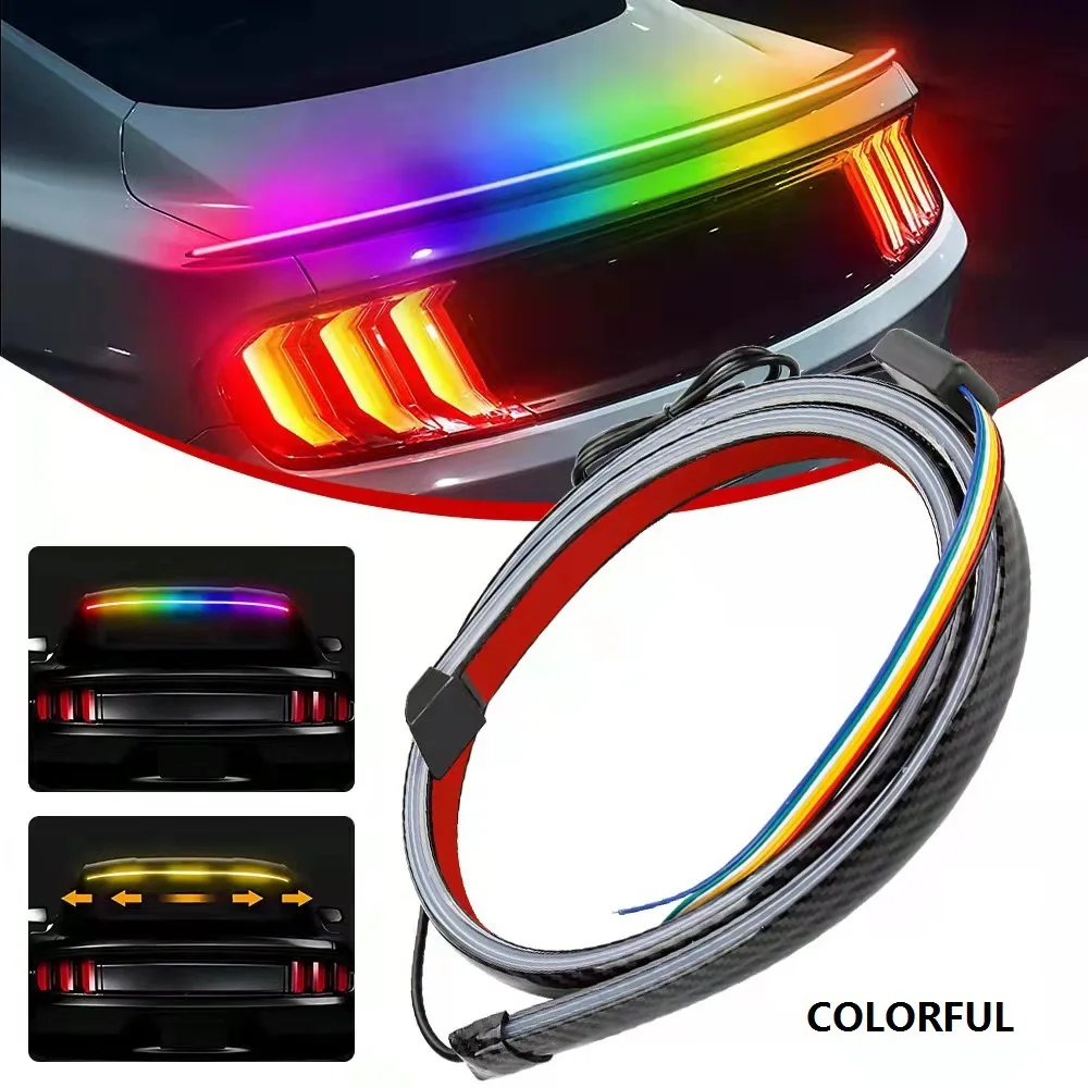 

RGB Carbon Fiber LED Car Tail Brake Light Strip Rear Lip Spoiler Strip with Yellow Turn Signal Red Brake Light DRL Warning Lamp