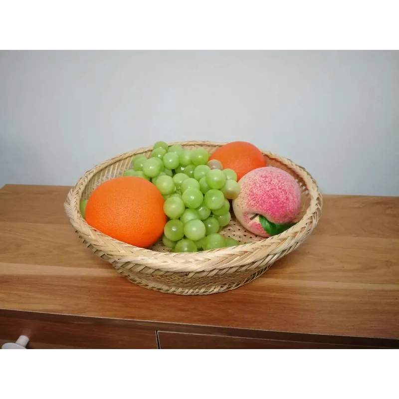 Bamboo basket woven hollow short foot green silk basket half bamboo green round fruit basket bread steamed bread basket