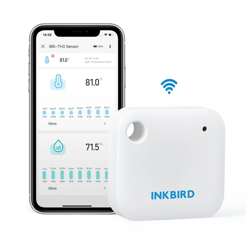 INKBIRD IBS-TH3 واي فاي مقياس الرطوبة الحراري 2 في 1 مستشعر ذكي لدرجة الحرارة والرطوبة مع تنبيه إشعار التطبيق للثلاجة
