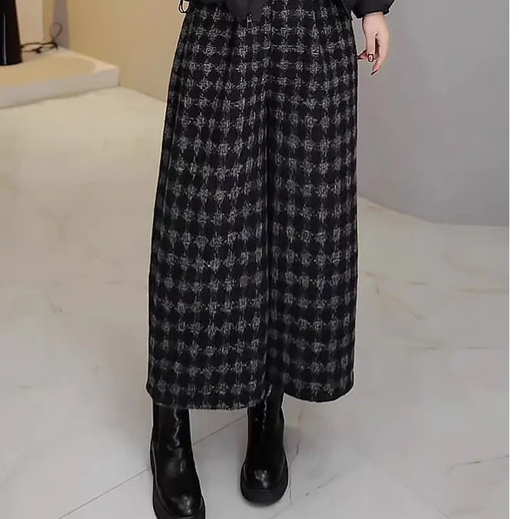 Pantaloni a Gamba Larga da Donna, Casual, a Vita Elastica, Stile Retrò a Quadri, Taglie Forti, Effetto Snellente