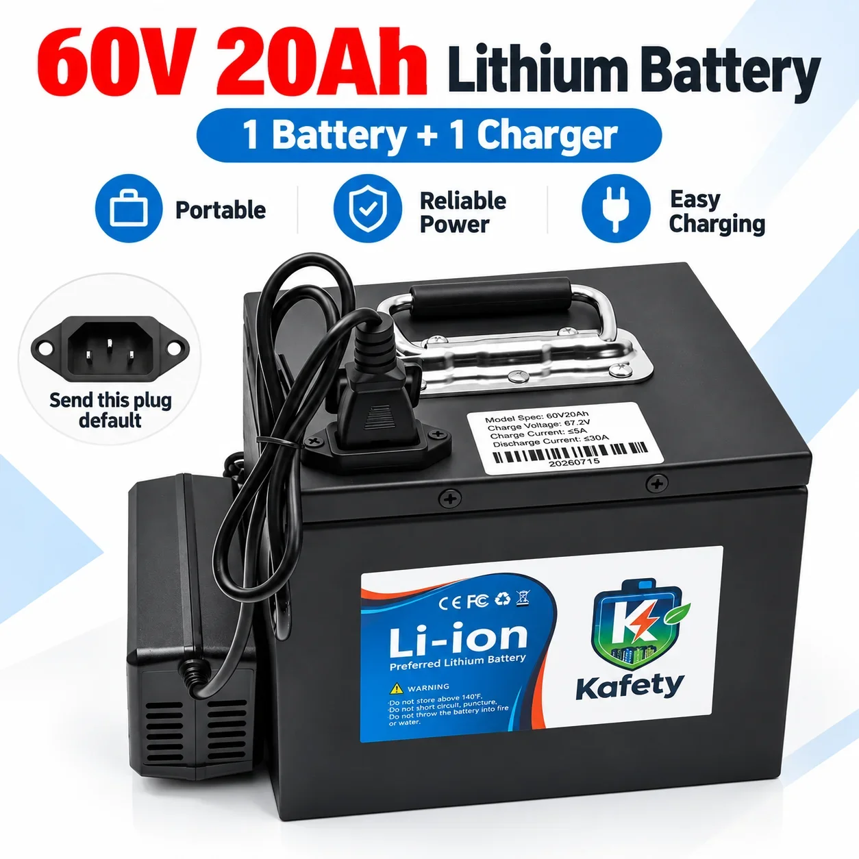 Batteria agli ioni di litio da 60V 20Ah per e-bike, scooter elettrico e moto, 500W-3000W, pacco batteria ricaricabile con caricabatterie da 110V-240V