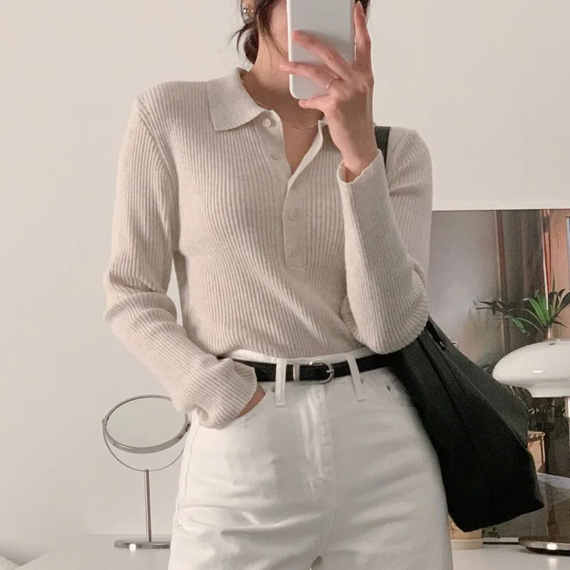 New Fashion Office Lady Knitted Sweater Women Polo Collar Long Sleeve Pullover Jumper Solid Color Casual Simple Tops Female