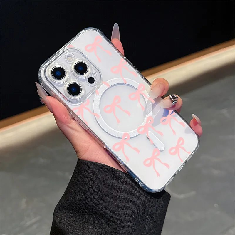Flowers Floral Magsafe Magnetic Case for Iphone 16 Pro Max 11 12 13 14 15 Pro Max 12 13 Mini 16 Plus Y2K Pink Bow Charging Cover