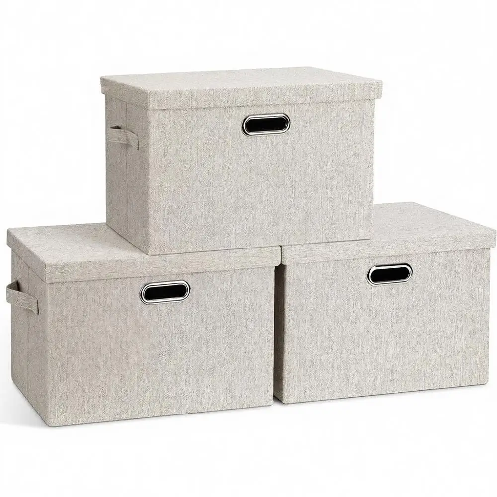 

Складные штабелируемые контейнеры для хранения с крышками, набор из 3 штук, бежевые тканевые коробки для шкафа, органайзеры для спальни или офиса (16,6 x 1)