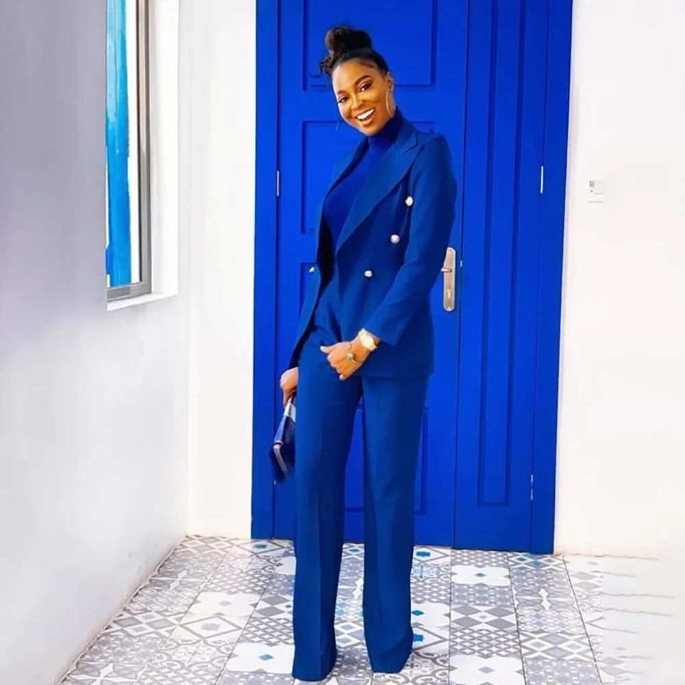 2 Pieces Double Breasted Women Smart Casual Suit Set Work Commute Office Female Clothing Chic Outfits Jacket Pants