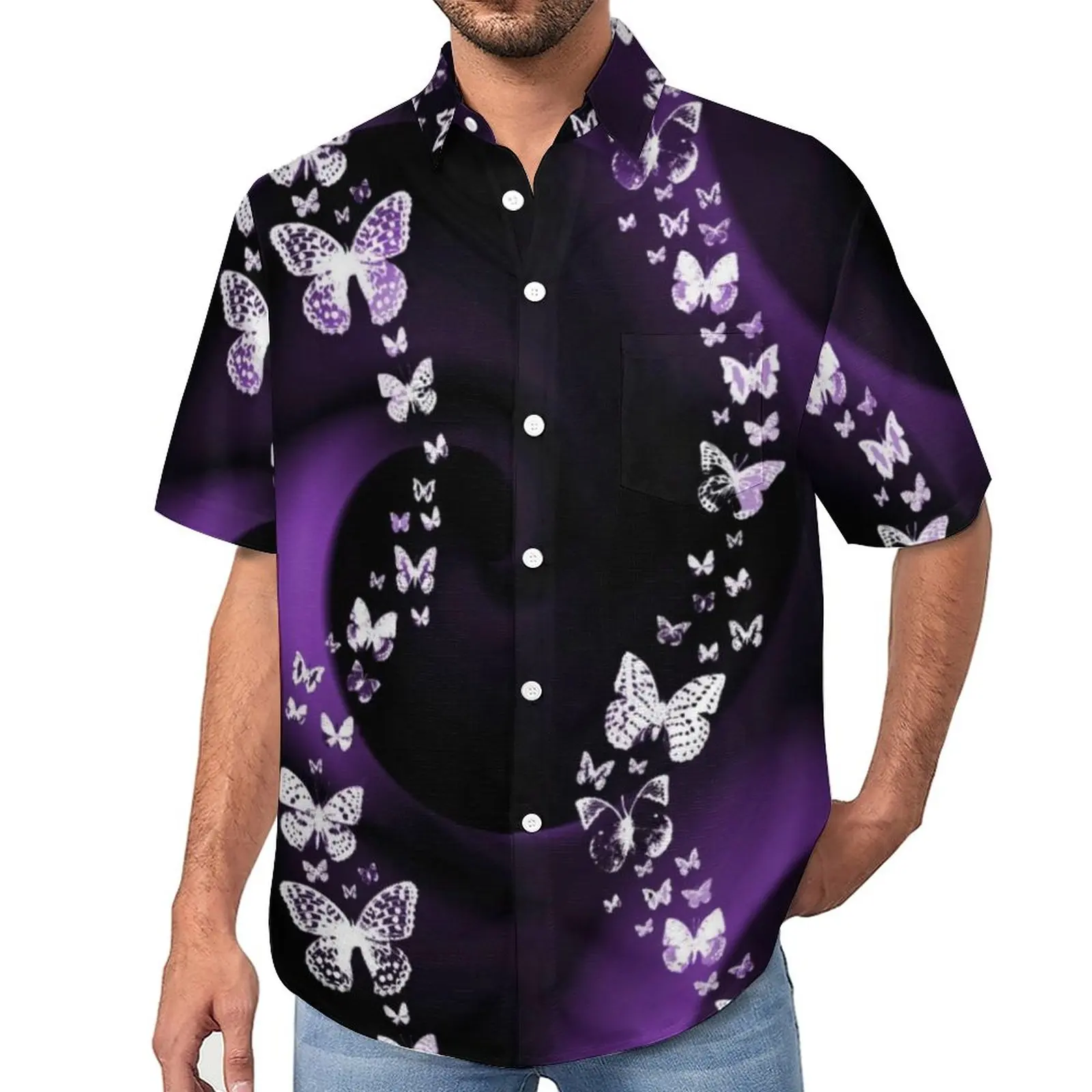 Purple Butterfly Swirl Beach Shirt Magical Animal Print Hawaii Casual Shirts Man Aesthetic Blouses Short Sleeve Graphic Clothing