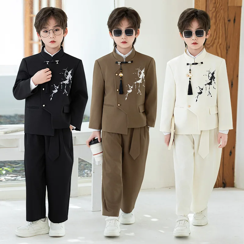 Boys' New Chinese Tang Suit Autumn Winter New National Fashion Children's Stand-up Collar Suit Flower Girl Host Performance Suit