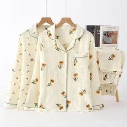 New spring and summer ladies pajamas long-sleeved trousers 100% cotton crepe cute little orange floral cardigan home service set