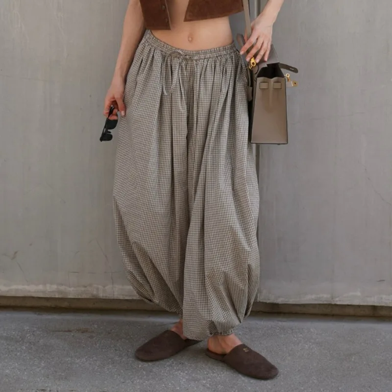 Vintage Plaid Lantern Pants For Women Lightweight Breathable Wide Leg Loose Casual Trousers Perfect For Autumn Streetwear Style