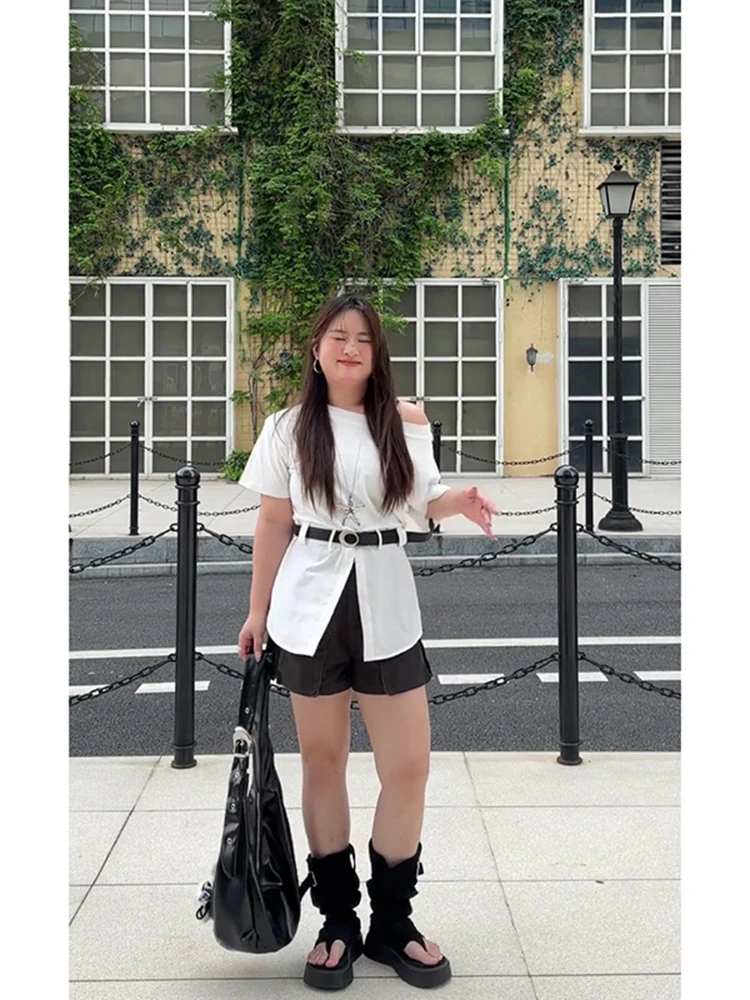 

Design Sensation Fake Two-Piece oulder Bared ort Sve T-irt Women Summer plus Size Slimming Side oulder Top High-En...