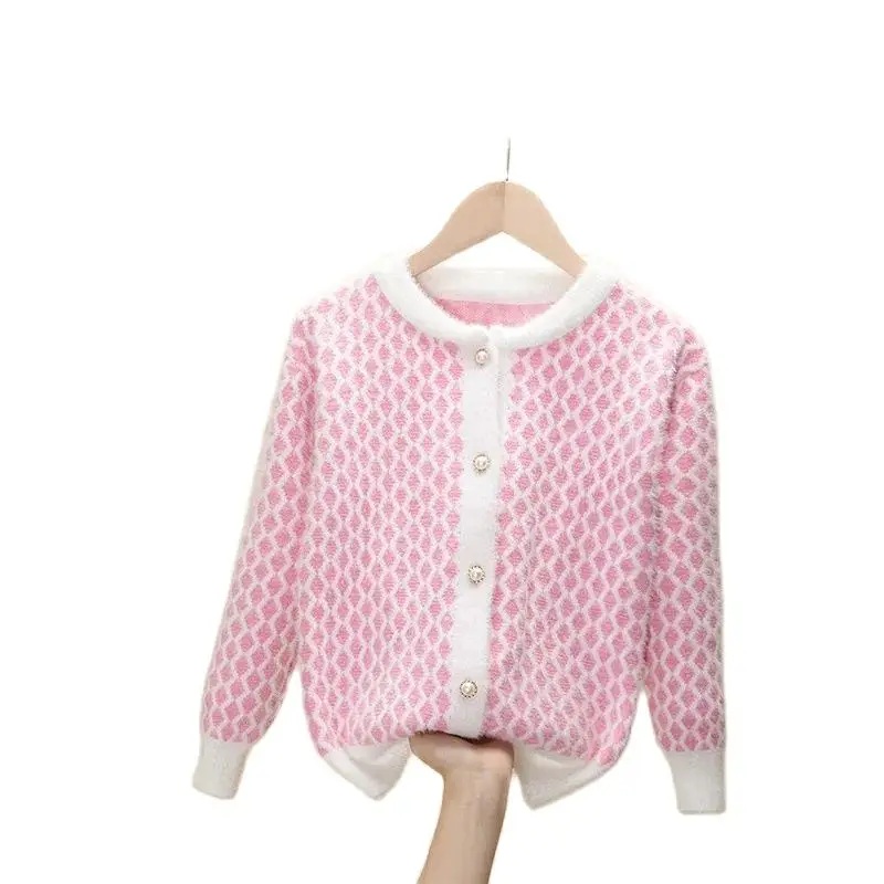 Girls Cardigan Spring Autumn New Coat Middle School Children Sweater Girl Fashion Knitting Shirt Imitation Mink Wire Clothes