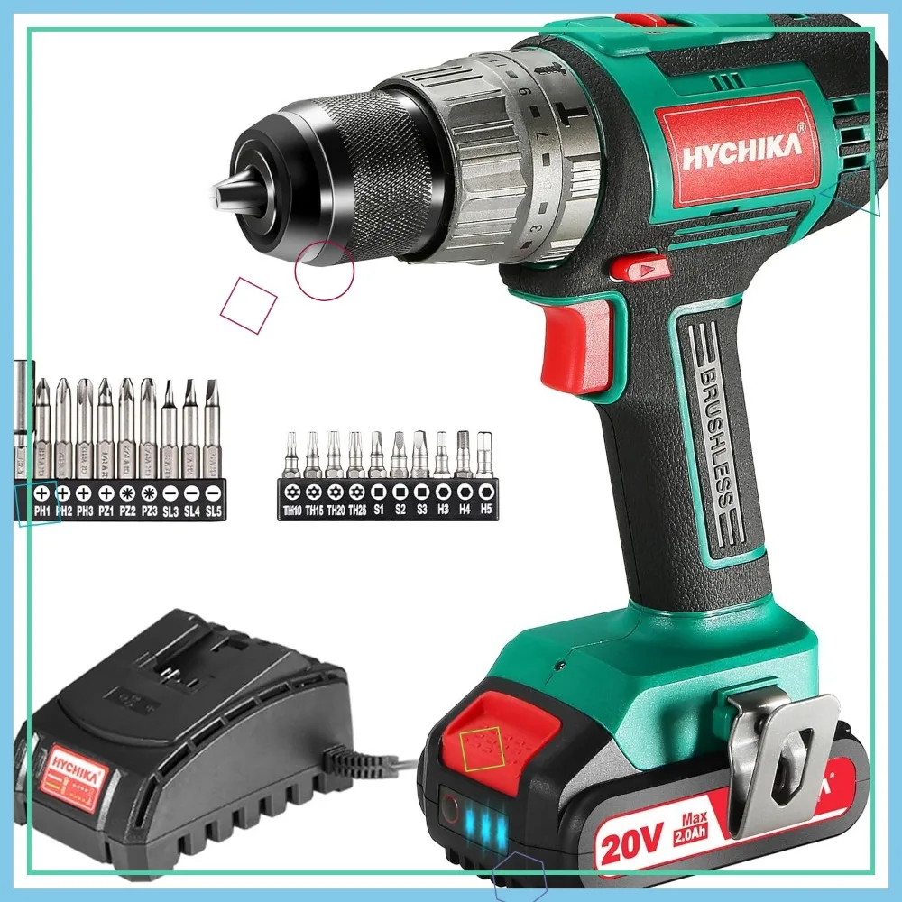 

20V Cordless Drill with 530 In-lbs Torque, 2.0AH Battery & Fast Charger, 21+3 Settings, Includes 20pc Bit Set for DIY Projects