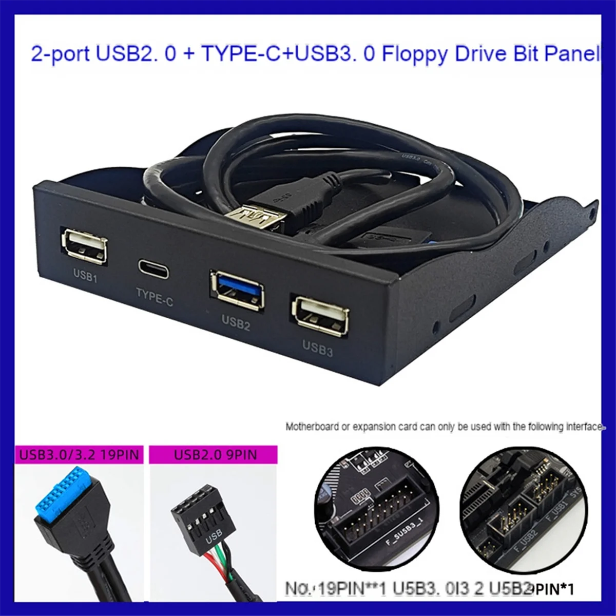 Painel de unidade de disquete USB3.2 GEN1 TYPE-C HUB de 3,5 polegadas 19PIN para porta C Plug-in reversível 5 Gbps