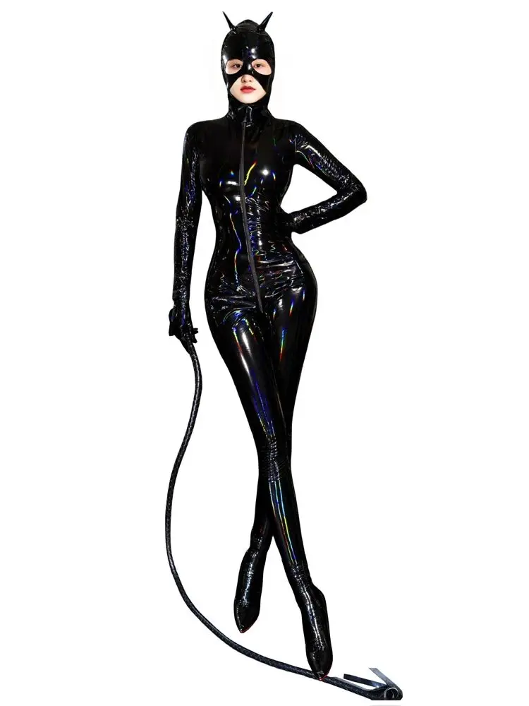 Unisex Cosplay Wet Look PVC Catsuit Shiny PU Leather Zipper Open Crotch Bodysuit Tights Leotard Conjoined Unitard Jumpsuit Body