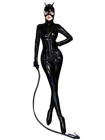 Unisex Cosplay Wet Look PVC Catsuit Shiny PU Leather Zipper Open Crotch Bodysuit Tights Leotard Conjoined Unitard Jumpsuit Body