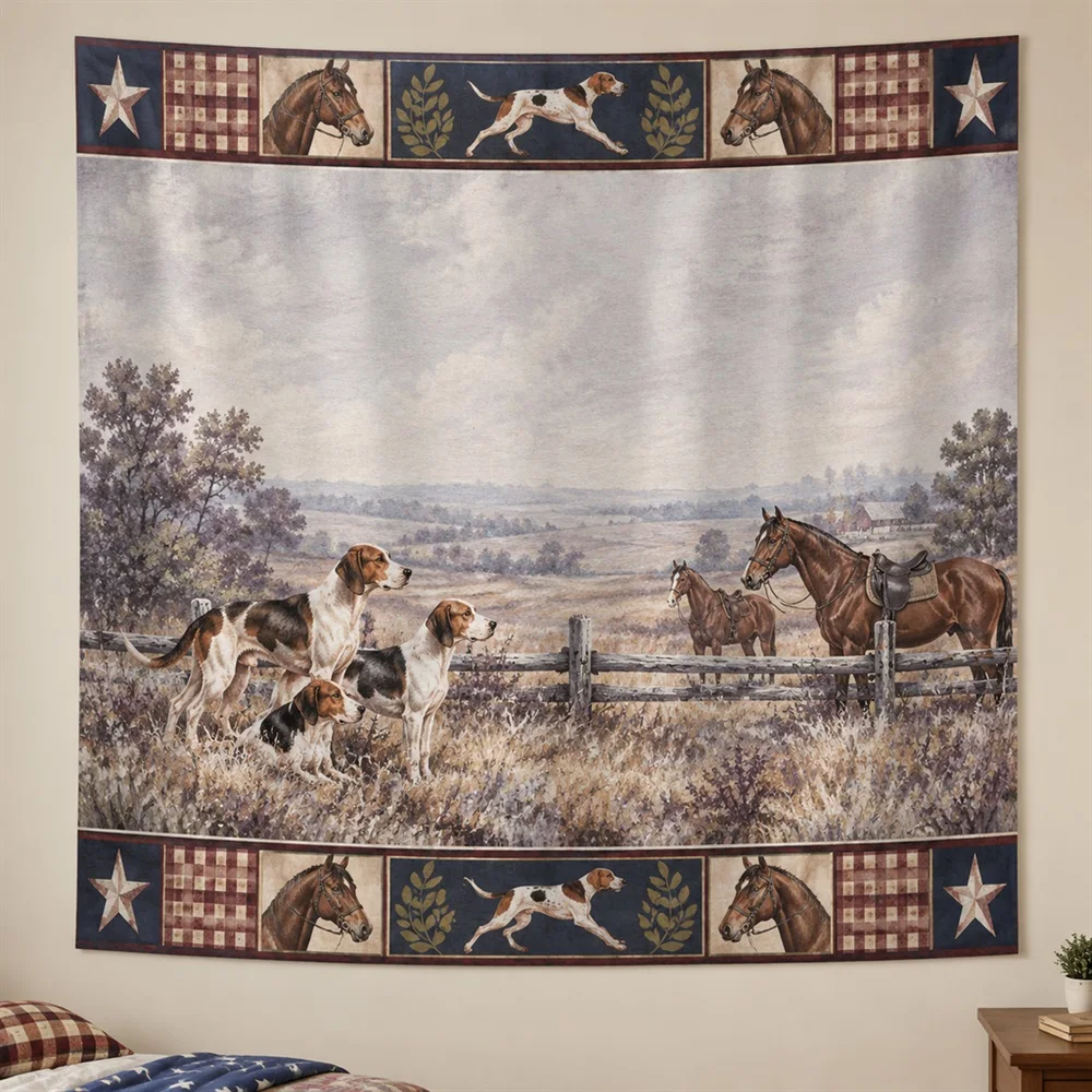 VIKAMA Hound and Horse Twin Bands Tapestry Wall Hanging, American Wall Decor Tapestries for Living Room Bedroom Office Study