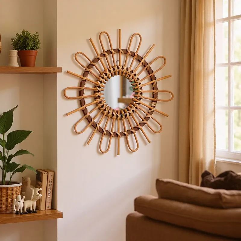 Nordic Handwoven Rattan Wall Mirror Decorative Hanging for Living Room Hotel Soft Furnishing