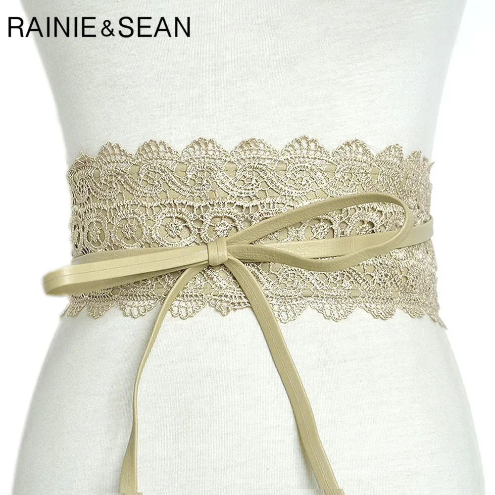 RAINIE SEAN Wide Belts for Women Lace Women Belt Solid Khaki Elastic Cummerbund Women's Designer Belt Wedding Waistband Black