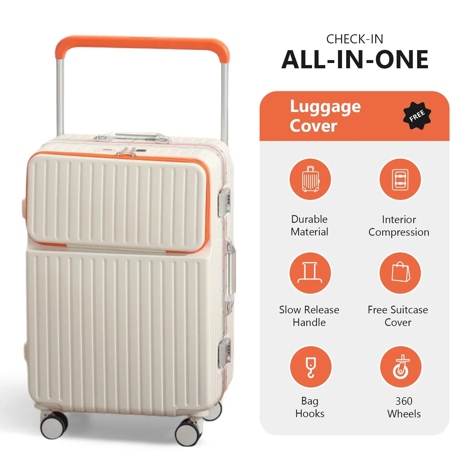 Wide-Handle Travel Suitcase Aluminum Frame Hard Shell Luggage Front-Opening Design USB Port 360° Silent Wheels TSA-Approved Lock